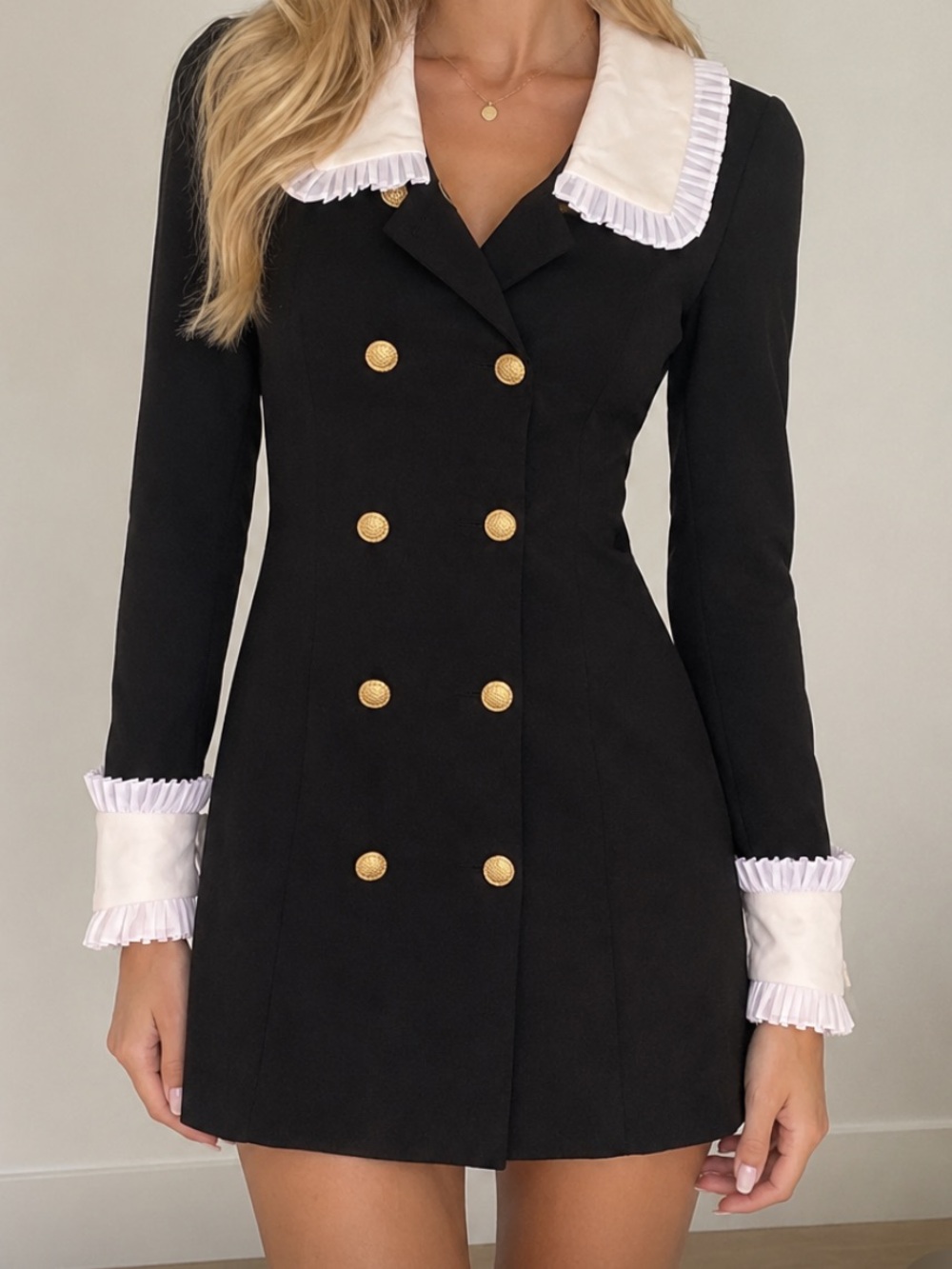 Black Double Breasted Dress with White Collar & Cuff Detail Size Small